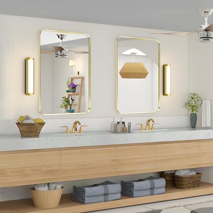 Wall Mount Mirror for Bathroom, Brushed Gold Metal Framed Rounded Corner Rectangular Vanity Mirror, Tempered Glass, Anti-Rust, Hangs Horizontally or Vertically (30