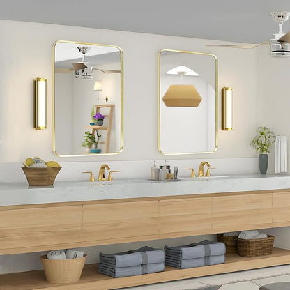 Wall Mount Mirror for Bathroom, Brushed Gold Metal Framed Rounded Corner Rectangular Vanity Mirror, Tempered Glass, Anti-Rust, Hangs Horizontally or Vertically (30" x 40", Gold)
