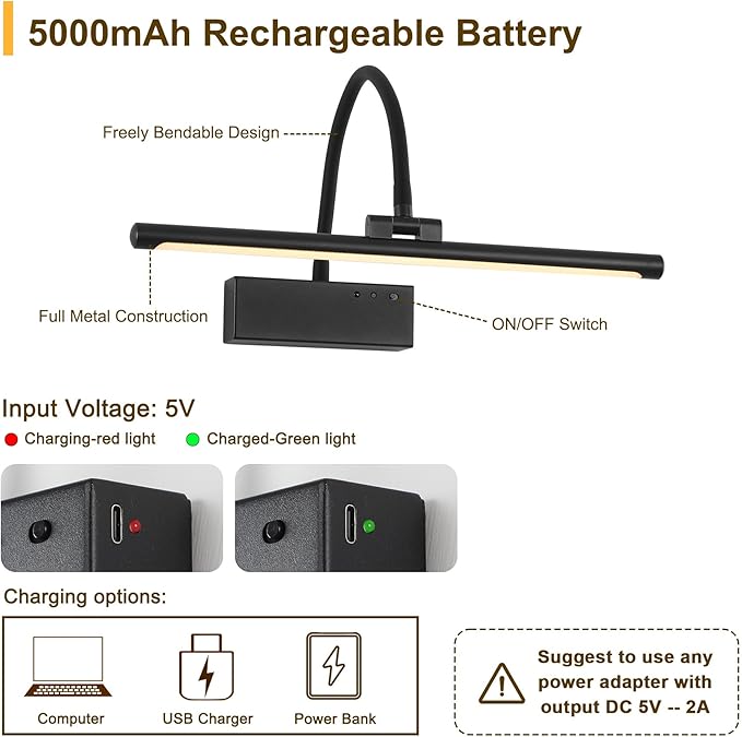 JOOSENLUX Wireless Picture Light - Battery Operated Black Wall Light with Remote Control - Dimmable Timer - 15.94” Display - Flexible Neck Swing Arm - Art Gallery Light