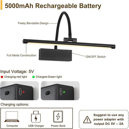 JOOSENLUX Wireless Picture Light - Battery Operated Black Wall Light with Remote Control - Dimmable Timer - 15.94” Display - Flexible Neck Swing Arm - Art Gallery Light