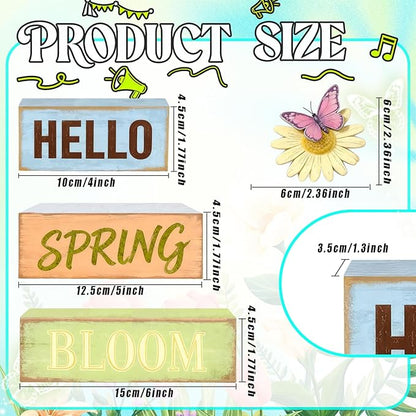 Spring Decoration Wooden Tiered Tray Decor – Rustic Hello Spring Bloom Stacked Block Sign with Butterfly Daisy Topper – Farmhouse Tabletop Spring Decor for Living Room Shelf Kitchen Coffee Bar Seasonal Home Display
