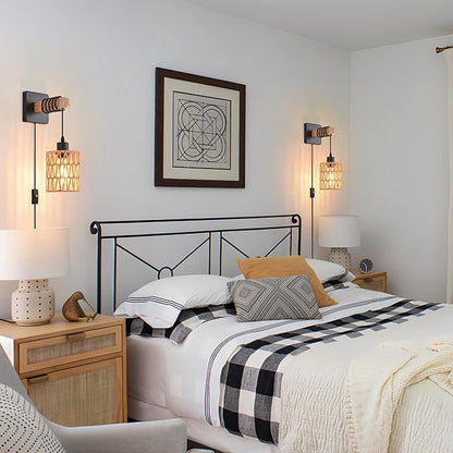 Rustic Wall Sconces Fixtures with Plug in Cord, Set of Two Indoor Vintage Rattan Wall Light Industrial Lamp Fixture Farmhouse Metal Sconces Light for Bedroom Bedside Living Room