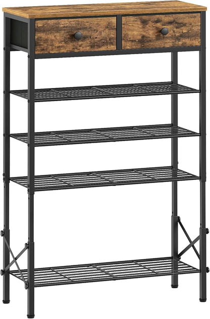 5 Tier Shoe Rack with Adjustable Height (37.4”-44.5”), Shoe Storage Shelf with 2 Non-Woven Drawers, Wooden Shoe Organizer for Entryway, Cloakroom, Rustic Brown and Black SS11BR