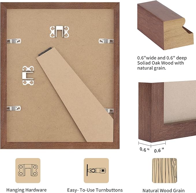 puthiac 5x7 Solid Oak Wood Picture Frame, Fits 4x6 with Mat or 5x7 Without Mat, Wall or Tabletop Display with Stand, Vertical or Horizontal, Plexi Front, 3 Pack, Walnut