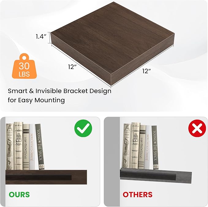 Square Floating Shelves for Wall, 10" W x 10" D x 1.4" H, Small Wooden Wall Mounted Display Shelves with Invisible Brackets for Living Room, Bedroom, Bathroom, Kitchen Decor, Set of 4, Walnut