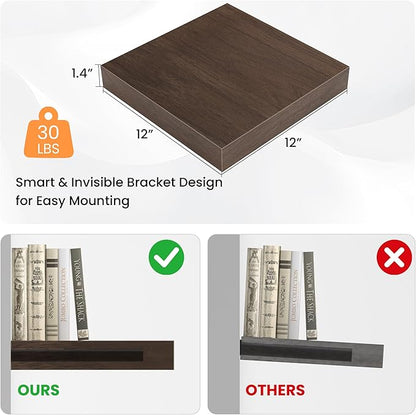 Square Floating Shelves for Wall, 12" W x 12" D x 1.4" H, Small Wooden Wall Mounted Display Shelves with Invisible Brackets for Living Room, Bedroom, Bathroom, Kitchen Decor, Set of 3, Walnut