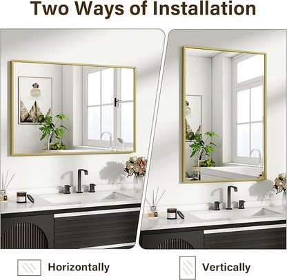 HARRITPURE 28"x20" Bathroom Mirror for Wall, Gold Framed Rectangle Mirror Aluminum Alloy Frame Wall-Mounted Horizontally/Vertically for Entryway/Bedroom/Vanity