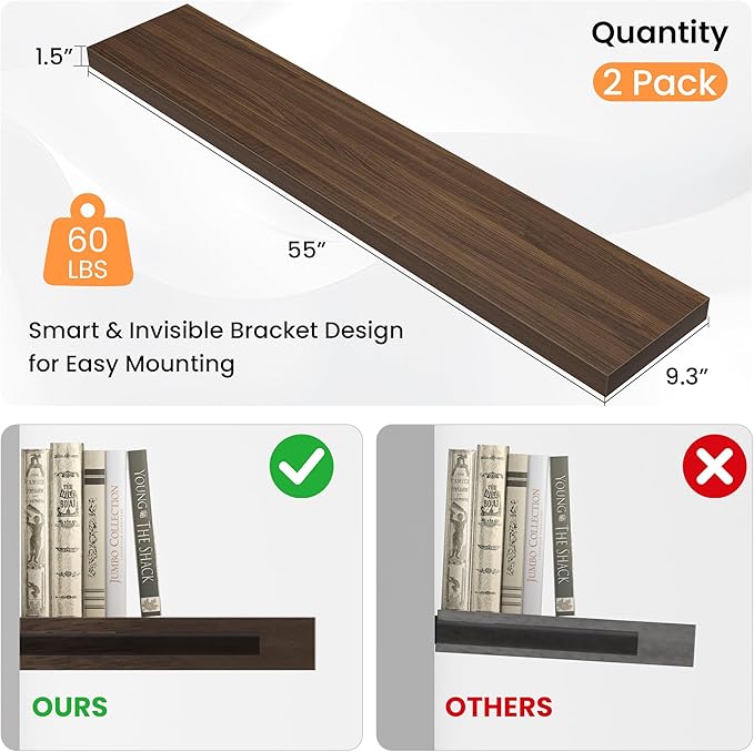 Floating Shelves for Wall, 55"W x 9.3"D x 1.5"H, Long Wooden Wall Mounted Display Shelves with Invisible Brackets for Living Room, Bedroom, Bathroom, Kitchen Decor and Storage, Set of 2, Walnut