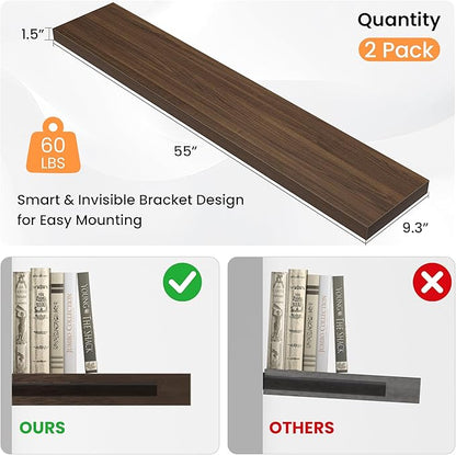 Floating Shelves for Wall, 55"W x 9.3"D x 1.5"H, Long Wooden Wall Mounted Display Shelves with Invisible Brackets for Living Room, Bedroom, Bathroom, Kitchen Decor and Storage, Set of 2, Walnut