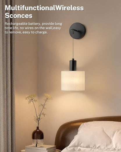 Battery Operated Wall Sconce Set of 2, Wireless Rechargeable Wall Lights with Remote Control, 9 Colors Dimmable LED Lamps, Modern Cordless Sconces for Bedroom Living Room Hallway(Black)