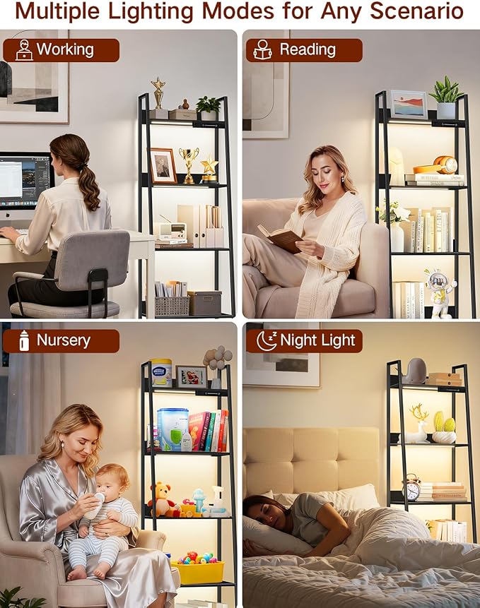 5-Tier Small Ladder Shelf with LED Lights, Touch & Remote Control, 3 Color Temperatures, Dimmable Tall Corner Standing Bookcase, Metal Wood Display Shelf for Living Room, Bedroom(Black)