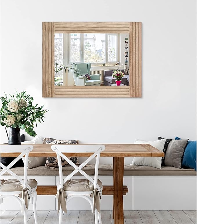Rectangle Mirror Retro Wooden Wall-Mounted Mirrors Farmhouse Bedroom Bathroom Vanity Entrance Decorative Antique Hanging Mirror Large 26