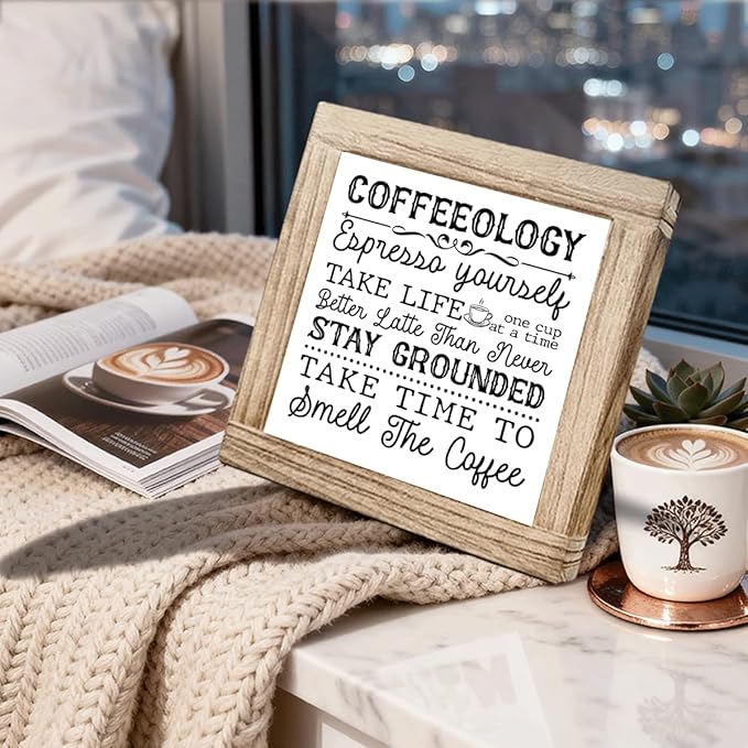 Coffees Decor Sign Coffeeology Wood Decoration Sign Farmhouse Cafe Signs Funny Coffee Bar Accessories Wall Decor for Kitchen Home Office Bar Coffees Lover Gifts for Women Men 5.9x5.9 Inch