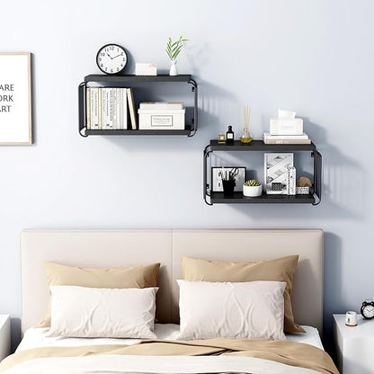 Floating Nightstand Shelves, Modern Night Stand for Bedroom, Wood Floating Shelf for Wall, Nightstand Bedside Table, Mid Century Wall Shelves for Living Room, Bedroom (2, Black)