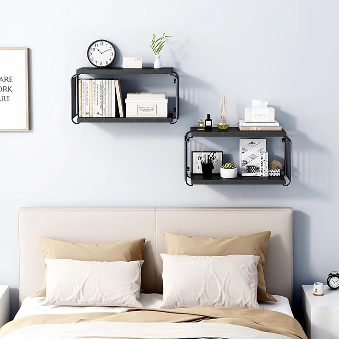 Floating Nightstand Shelves, Modern Night Stand for Bedroom, Wood Floating Shelf for Wall, Nightstand Bedside Table, Mid Century Wall Shelves for Living Room, Bedroom (2, Black)