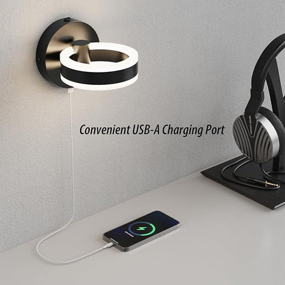 LED Wall Sconces Set of Two with ON/Off Switch, Matte Black Rotatable Hardwired Wall Light Fixtures, Built in USB Charging Port, Modern Wall Decor for Bed Lighting.