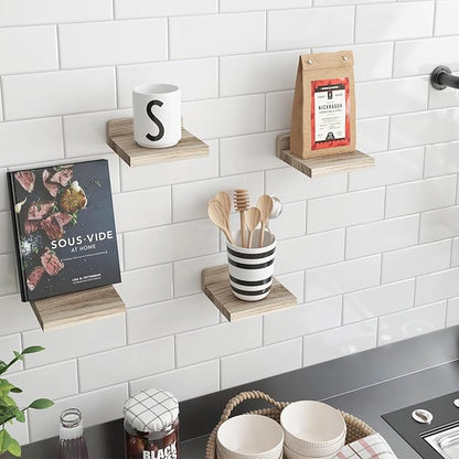 Fixwal Floating Shelves for Wall, Rustic Wood Small Wall Mounted Shelves for Bedroom, Living Room, Kitchen, Bathroom Decor, Set of 4, 5 x 5 Inches (Carbonized Black)