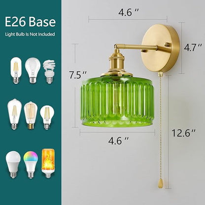 Vintage Wall Sconces with Pullswitch, 180 Degree Adjustable, Hradwired Modern Wall Lighting Fixture with Green Pumpkin Glass Lampshade for Bedroom Bedside Bathroom
