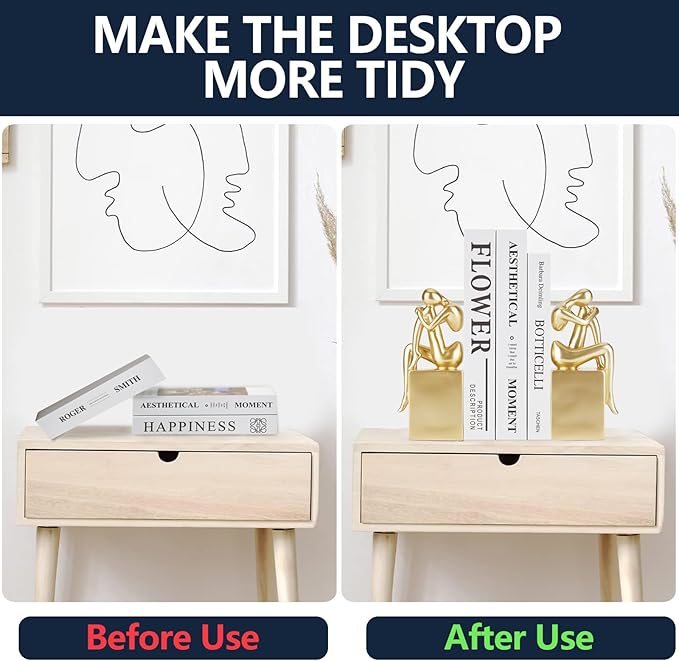 Book Ends, Gold Girl Thinker Design, Non-Skid Heavy Duty Resin Book Stopper for Books, Bookends with Base, Modern Bookends for Shelves, Resin, 1Pair/2Piece