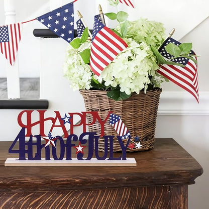 MEETYAMOR 4th of July Decorations, Metal Happy Fourth of July with Wooden Base, Patriotic Independence Day Decor for the Home, Memorial Day, Tiered Tray, Shelf, Table, Mantel