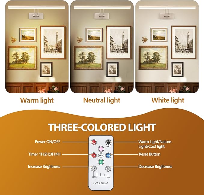 Picture Light, 16 inches Art Light, Picture Light Battery Operated,3CCT Picture Lights for Wall,Battery Operated Wall Lights,Gallery Light for Wall,Photo,Library (Satin Nickel)