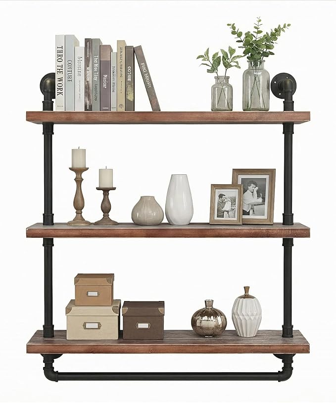 Industrial Wall Mounted Iron Floating Pipe Shelves/Shelving/Racks/Storage/Bookcases/Brackets, DIY Open Bookshelves/Shelving for Kitchen/Office, Retro Black (3-Tier Floating Shelves)