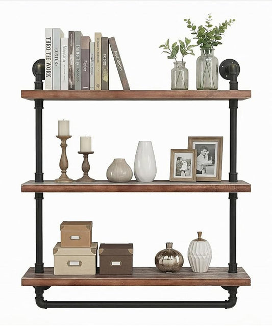 Industrial Wall Mounted Iron Floating Pipe Shelves/Shelving/Racks/Storage/Bookcases/Brackets, DIY Open Bookshelves/Shelving for Kitchen/Office, Retro Black (3-Tier Floating Shelves)