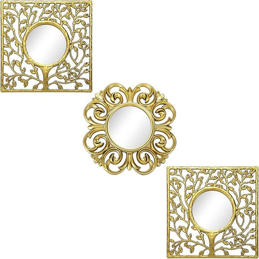 3 Pack Gold Sunburst Mirrors for Wall Decor Circle Flowers Mirrors Decorative Gold Hanging Wall Art Flowers Mirror for Home Living Dinning Room Bedroom Bathroom Boho Decoration Art(Vintage)