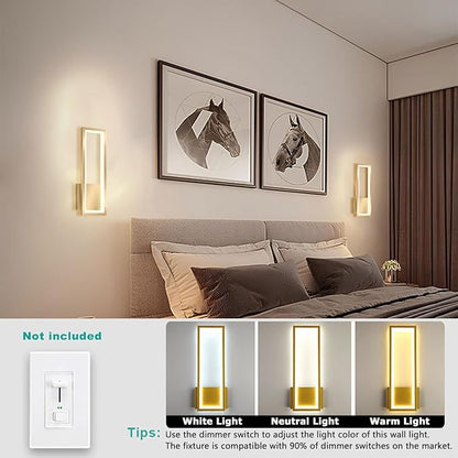 Indoor LED Wall Light Dimmable 16W Gold Modern Simple Rectangle Wall Lamp Aluminum & Acryli Decorative Wall Lighting for Bedroom Bedside Living Room Stairs Corridor