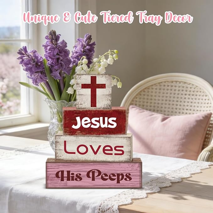 4 Pcs Christian Jesus Decorations for Home Religious Tiered Tray Decor Jesus Loves His Peeps Sign Rustic Farmhouse Decor for Home Office Kitchen Shelf Tabletop Centerpieces
