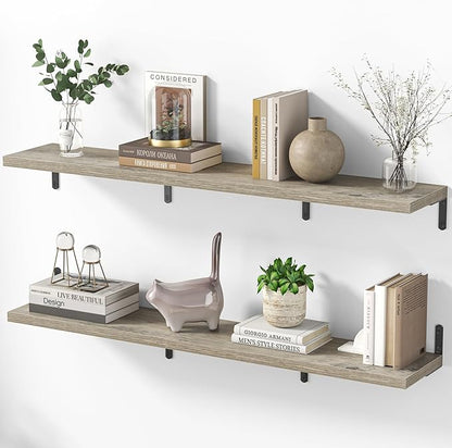 Marsmiles Extra Wide Floating Shelves for Wall, 48x8 Inch Natural Wood Grain Bookshelves, Heavy Duty Mounted Shelving for Bathroom, Kitchen, Living Room, Bedroom,Set of 2，Grey