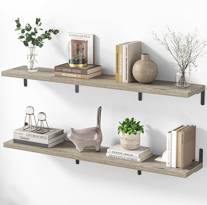 Marsmiles Extra Wide Floating Shelves for Wall, 48x8 Inch Natural Wood Grain Bookshelves, Heavy Duty Mounted Shelving for Bathroom, Kitchen, Living Room, Bedroom,Set of 2，Grey