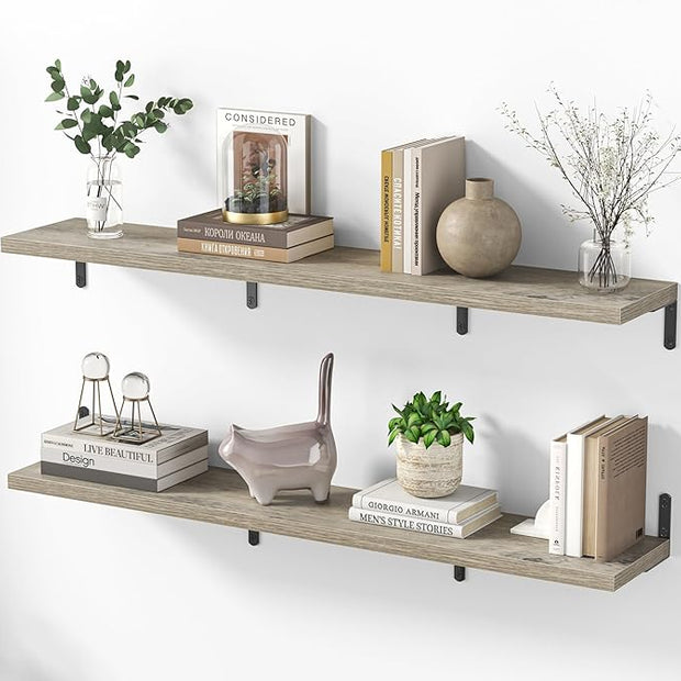 Marsmiles Extra Wide Floating Shelves for Wall, 48x8 Inch Natural Wood Grain Bookshelves, Heavy Duty Mounted Shelving for Bathroom, Kitchen, Living Room, Bedroom,Set of 2，Grey