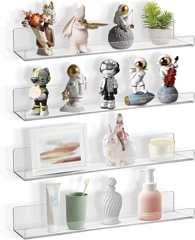Boxalls Acrylic Clear Shelves - 4 Pack, 15 Inches Wall Storage Organizer Floating Shelf for Bathroom, Bedroom, Kitchen Variety Room, High Transparency Acrylic Waterproof Shelves