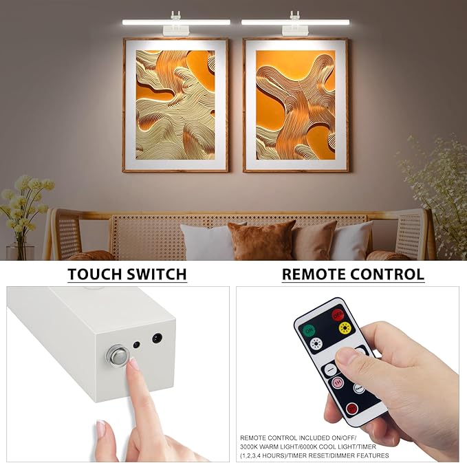 Picture Light,Picture Lights for Wall Cordless,16" Picture Lights with Timer and Dimmable,Battery Wall Lights for Display Gallery Painting Art Frame Portrait-WH