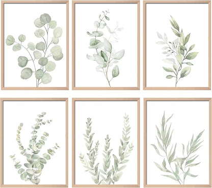 Botanical Plant Wall Art Boho Decor Prints Light Green Eucalyptus Leaf Picture Canvas Wall Art Minimalist Floral Wall Decor for Bedroom Living Room Bathroom Kitchen (Set of 6, 12x16 inch, Unframed)