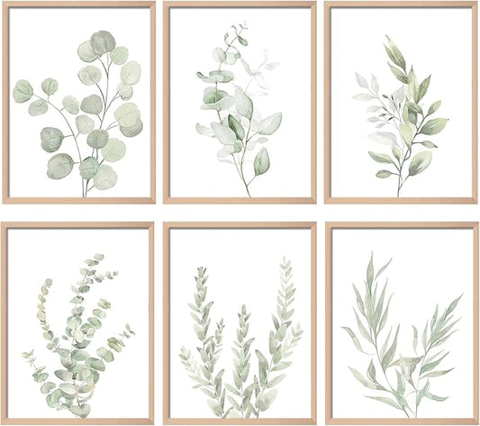 Botanical Plant Wall Art Boho Decor Prints Light Green Eucalyptus Leaf Picture Canvas Wall Art Minimalist Floral Wall Decor for Bedroom Living Room Bathroom Kitchen (Set of 6, 12x16 inch, Unframed)