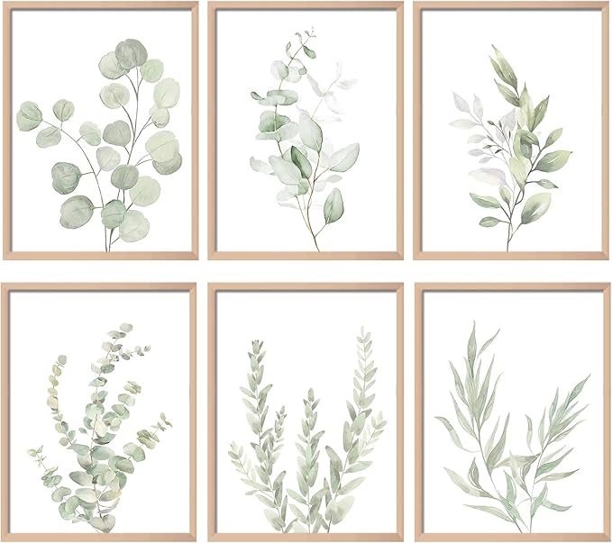 NCYEL Botanical Plant Wall Art Boho Bathroom Decor Wall Art Prints Light Green Eucalyptus Leaf Picture Canvas Wall Art Minimalist Floral Wall Decor for Bedroom Living Room Bathroom Kitchen Unframed