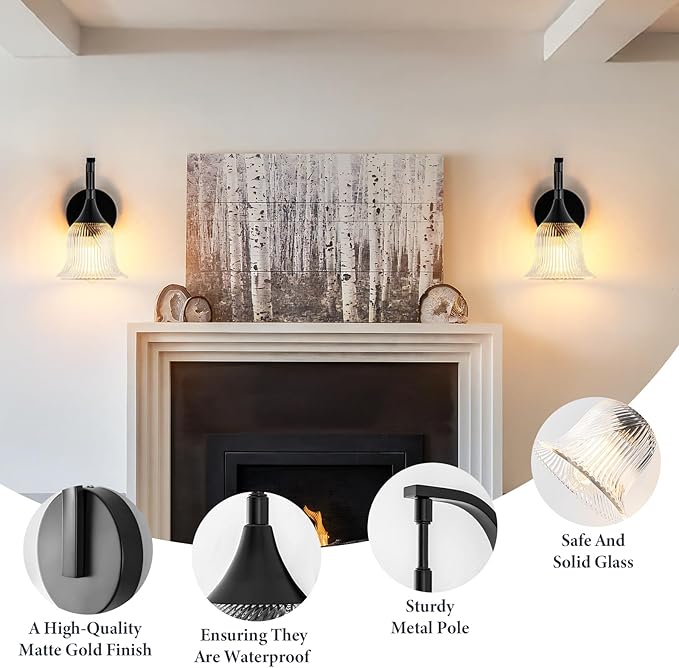 1-Light Black Wall Light,Bathroom Wall Sconce Modern Sconce Light Indoor with Textured Glass Shade,Hardwired Wall Sconce for Living Room Hallway Bedroom Kitchen(E26