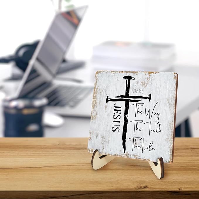 Inspirational Sign Rustic Desk Decor Decorative Christian Gifts Religious Bible Verse Motivational Decoration for Home Living Room Restaurant Office Table Shelf Tiered Tray Plaque with Wood Stand