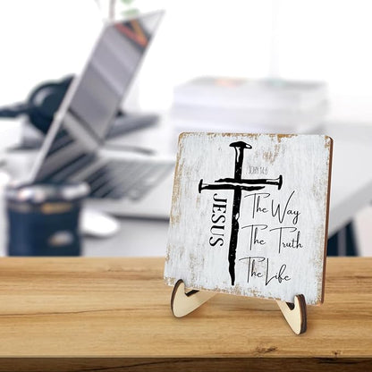 Inspirational Sign Rustic Desk Decor Decorative Christian Gifts Religious Bible Verse Motivational Decoration for Home Living Room Restaurant Office Table Shelf Tiered Tray Plaque with Wood Stand
