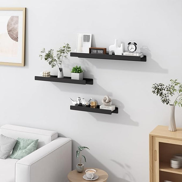 Floating Shelves for Wall, Wall Mounted Shelves with Lip for Storage, Metal Display Shelves for Home Decor, Kitchen/Living Room/Bedroom/Bathroom Shelf, Black 20 inch 2 Pack
