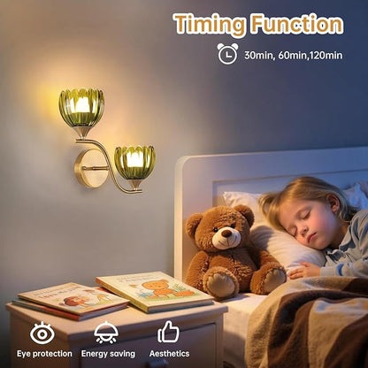 Battery Operated Wall Sconce, 2-Lights Vinatge Brass Wall Lighting with Green Tluip Shade Rechargeable Bulb with Remote for Living Room, Bedroom