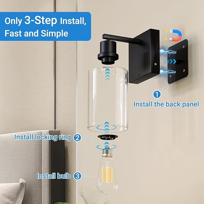 Kimjo Battery Operated Wall Sconce with Remote, USB Rechargeable Wireless Wall Light with Dimmable Bulb and Glass Shade, Wall Decor for Bedroom Bathroom Hallway