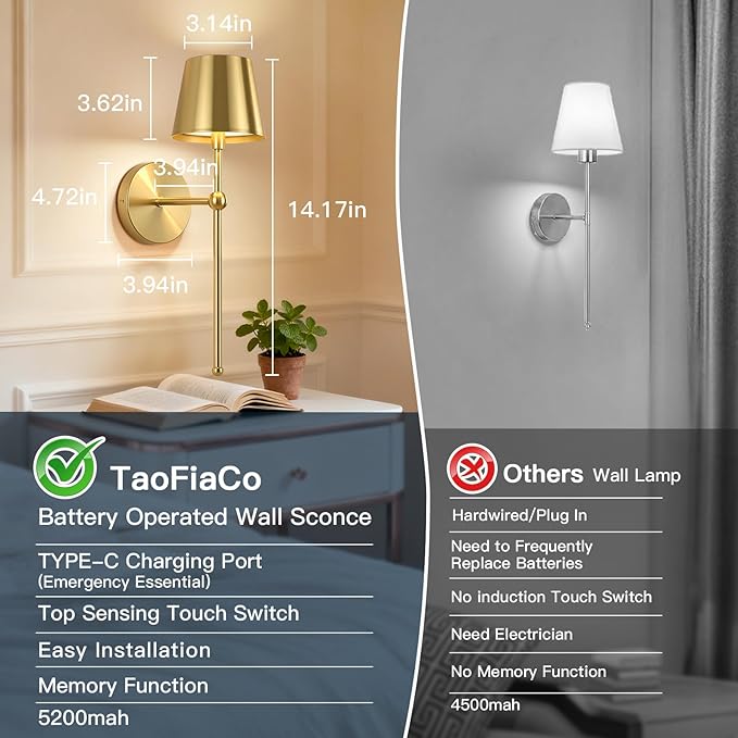 Battery Operated Wall Sconces Set of 2, Wireless Wall Sconce with Remote Dimmable Timer, Rechargeable 5200mAh, Cordless Gold Wall Light for Bedroom Living Room, Hallway, Light Decor