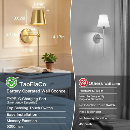 Battery Operated Wall Sconces Set of 2, Wireless Wall Sconce with Remote Dimmable Timer, Rechargeable 5200mAh, Cordless Gold Wall Light for Bedroom Living Room, Hallway, Light Decor