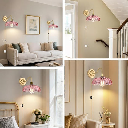 Vintage Plug in Wall Sconces Set of Two, Glass Wall Sconces Lamps with Flower Lampshade & Dimmable Plug in Cord, Dimmable Sconces Wall Decor Set of 2 Plug in Wall Lights Sconces for Bedroom