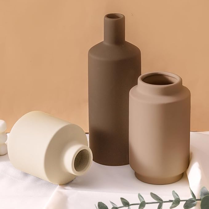 Ceramic Vase Set of 3 Terracotta Brown Beige, Modern Small Flower Vases for Home Decor, Boho Farmhouse Rustic Decorative Vases for Living Room Table Shelf Kitchen Bedroom Centerpieces