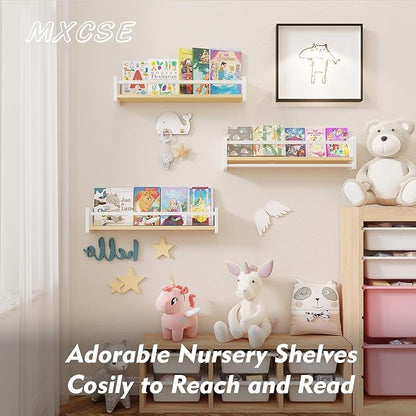 Nursery Floating Bookshelf for Kids, Wall Mounted Kids Book Shelf with Toy Storage, Pine Wood Nursery Shelves for Playroom, Bedroom, Toddler Room, Set of 3 (Pine & White, 15.8 Inches)