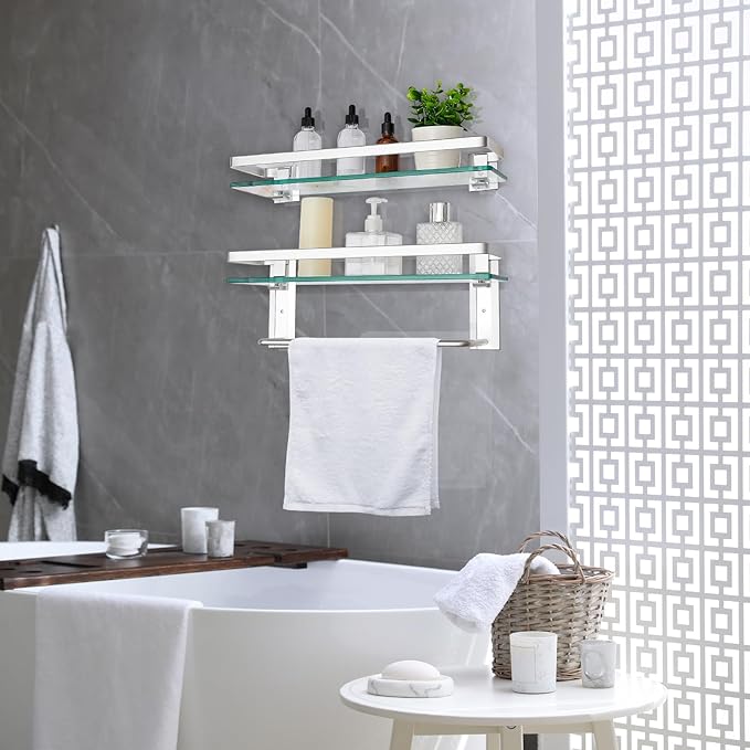 Suzile Set of 2 Glass Bathroom Shelves with Bar, Wall Mounted 15.7 x 4.7 Inches, Bathroom Shelves Hanging Modern Floating Shelf Metal Stick Room Rustproof Organizer Decorative(Silver)
